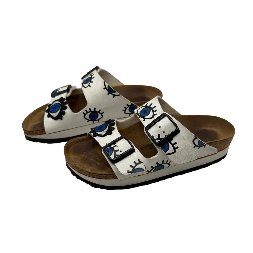 Papillio Birkenstock Arizona Platform Sandals Women 7 White Leather Evil Eye - Picture 2 of 11